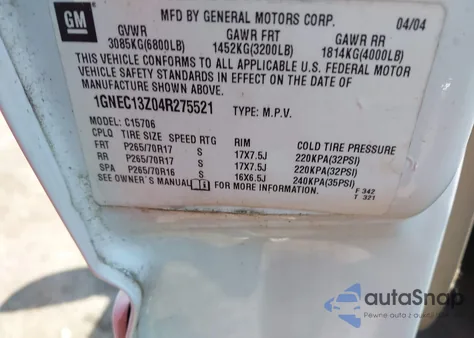 2004 Chevrolet Tahoe Lt z USA, uszkodzony, nr VIN 1GNEC13Z04R275521